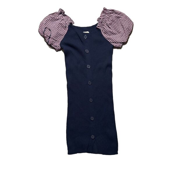 NWT Maeve Anthropologie Plaid Puff Sleeve Mini Rib Button Sweater Dress SMALL - Picture 1 of 9
